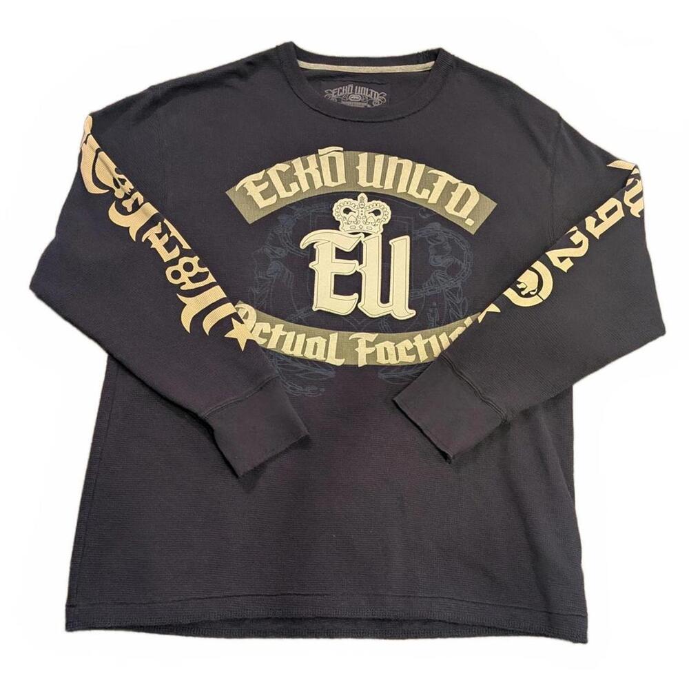 Vintage Y2K Ecko Unltd. Men's XL Blue Waffle Knit Long Sleeve Graphic T-shirt